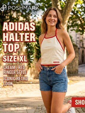 Adidas Vintage Style Cream & Red Halter Top - XL Retro Vibes